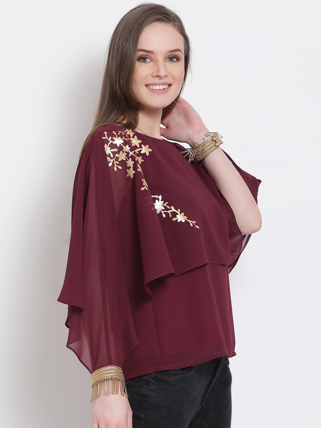 Regular,Maroon Top,Regular Top,Round Neck Top,Quater Sleeves Top,Maroon Embellished Top