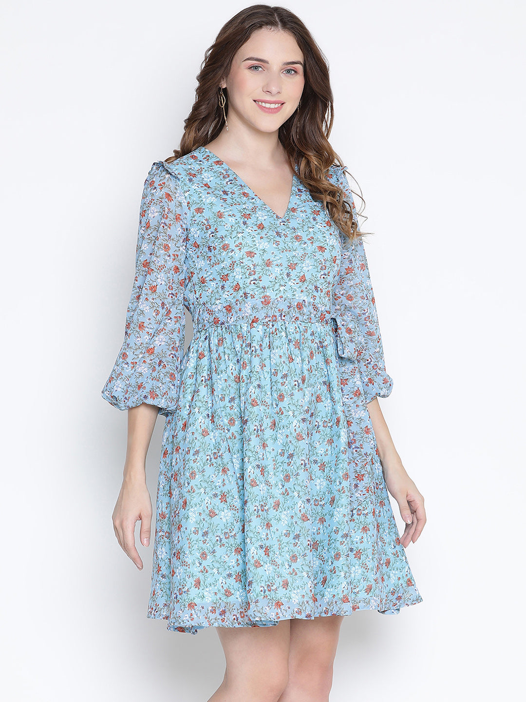 Knee Length,Blue Dress,Knee Length Dress,V-Neck Dress,Short Sleeves Dress,Blue Floral Print Dress