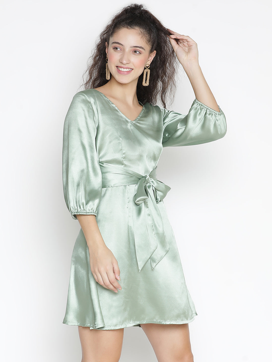 Knee Length,Green Dress,Knee Length Dress,V-Neck Dress,Quater Sleeves Dress,Green Solid Dress