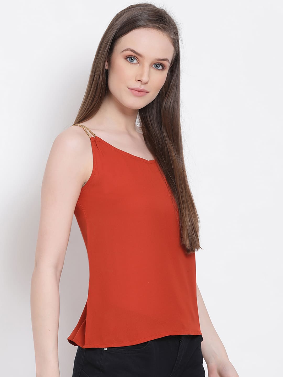 Spaghetti Top,Orange Top,Spaghetti Top,Round Neck Top,Sleeveless Top,Orange Embellished Top