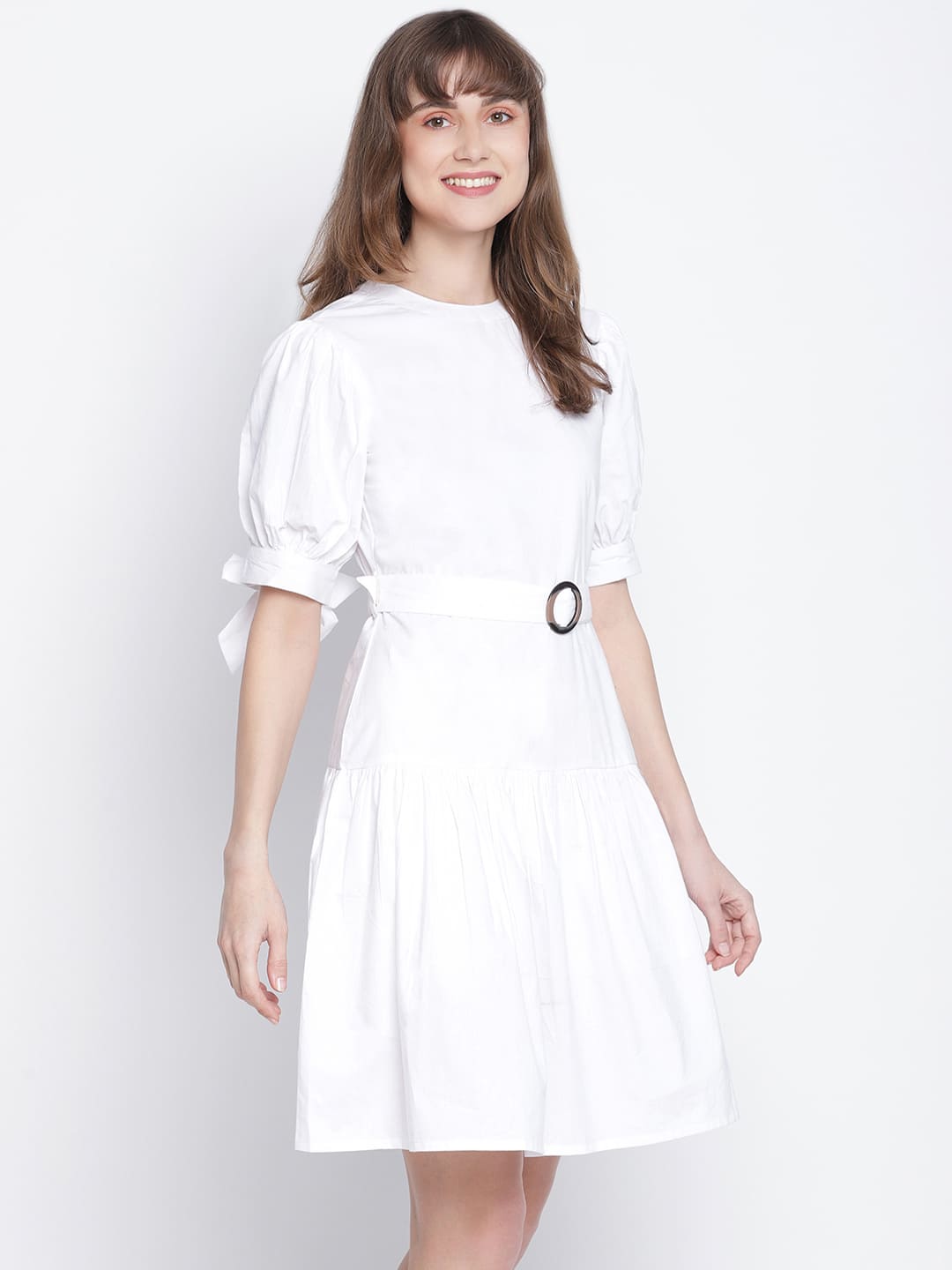 Knee Length,White Dress,Knee Length Dress,Round Neck Dress,Short Sleeves Dress,White Solid Dress