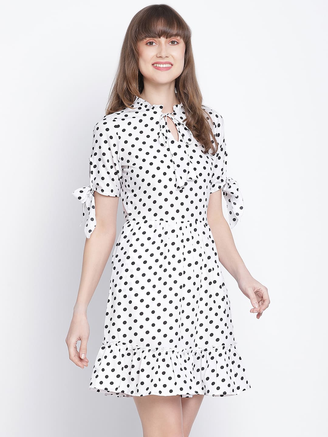 Knee Length,White Dress,Knee Length Dress,Round Neck Dress,Short Sleeves Dress,White Polka Dots Dress