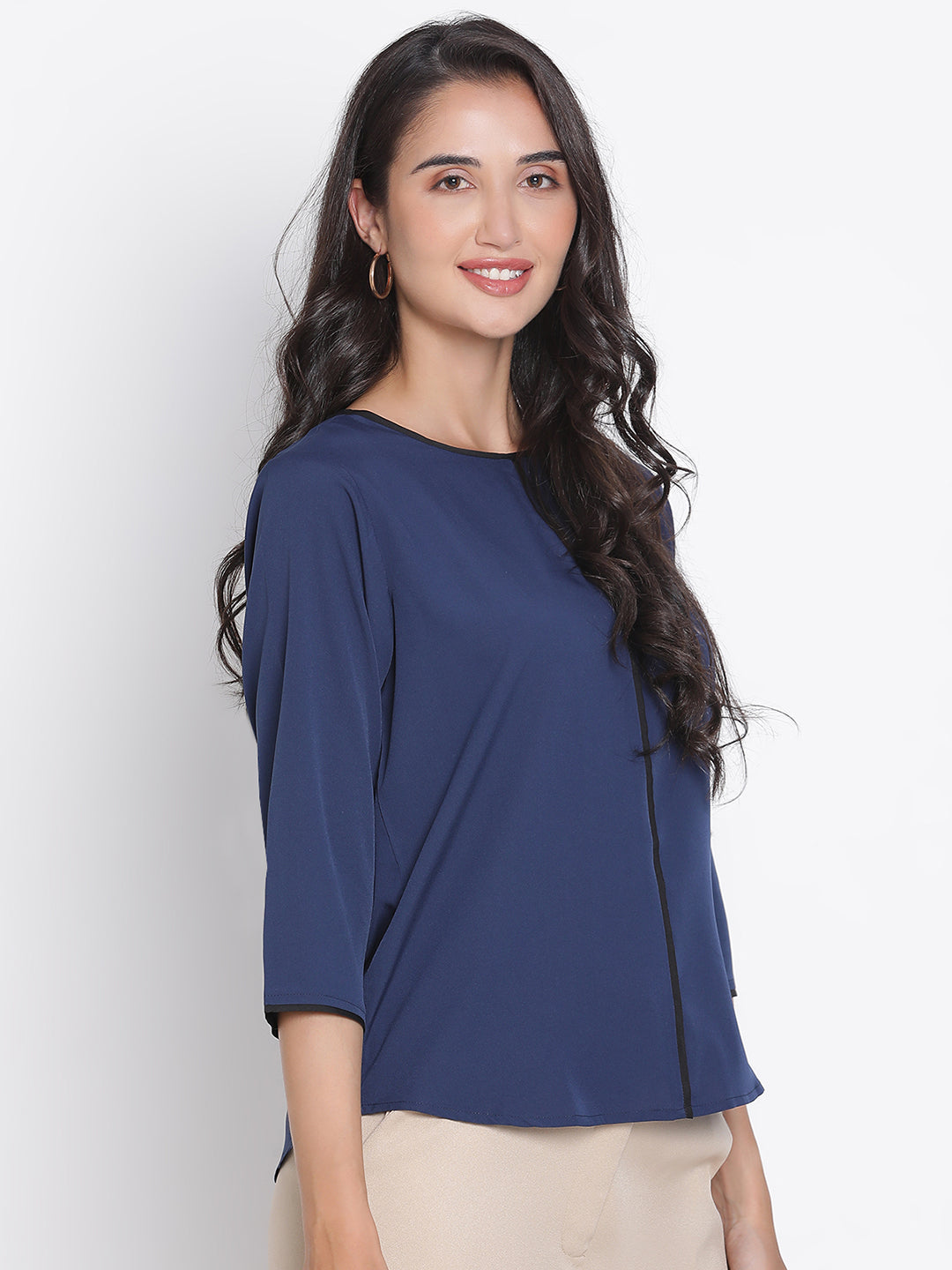 Regular,Blue Top,Regular Top,Round Neck Top,Quater Sleeves Top,Blue Solid Top