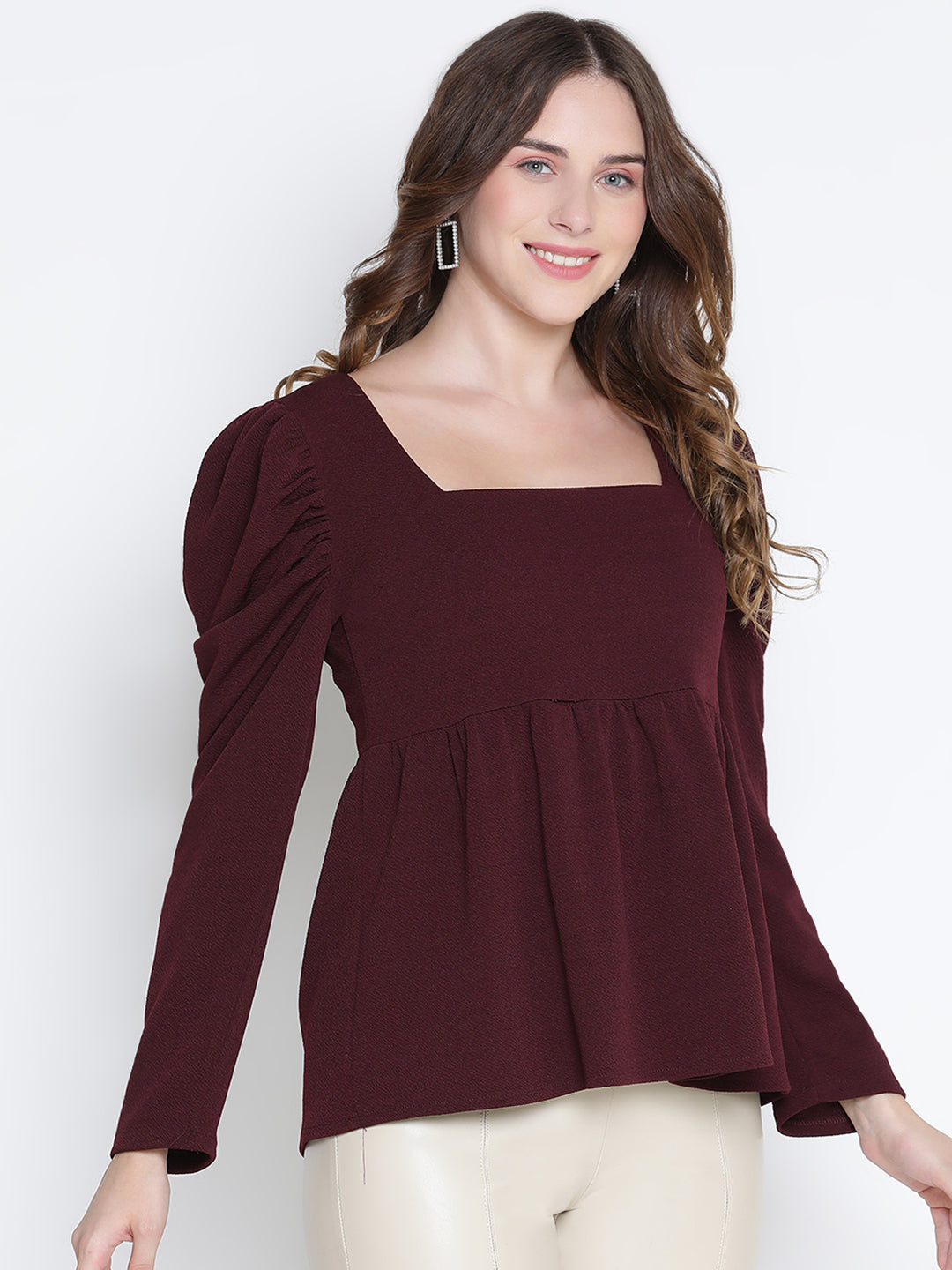 Regular,Brown Top,Regular Top,Square Neck Top,Full Sleeves Top,Brown Solid Top