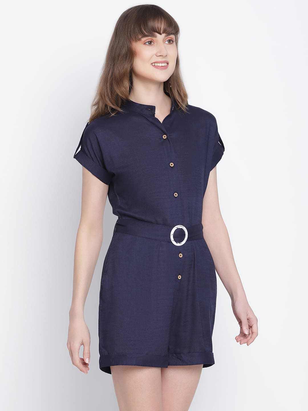 Above Knee,Blue Jumpsuit,Above Knee Jumpsuit,Collared Neck Jumpsuit,Short Sleeves Jumpsuit,Blue Solid Jumpsuit