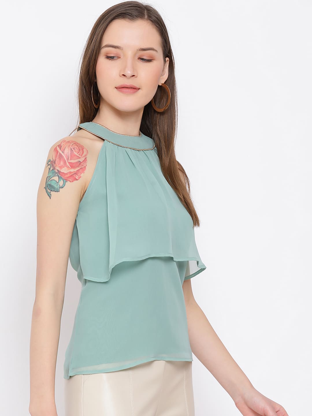 Regular,Green Top,Regular Top,Round Neck Top,Sleeveless Top,Green Solid Top