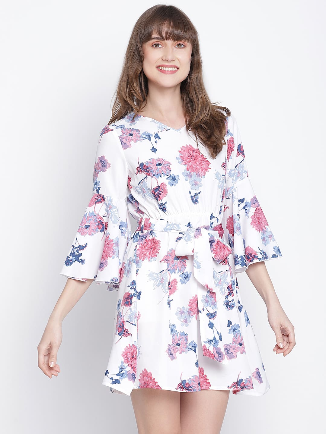 Knee Length,White Dress,Knee Length Dress,V-Neck Dress,Quater Sleeves Dress,White Floral Print Dress