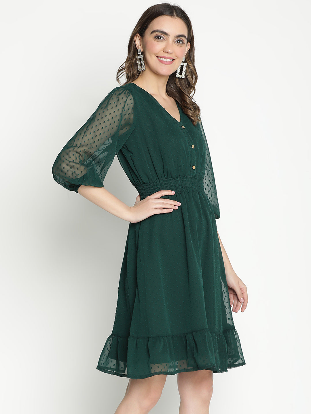 Knee Length,Green Dress,Knee Length Dress,V-Neck Dress,Quater Sleeves Dress,Green Solid Dress