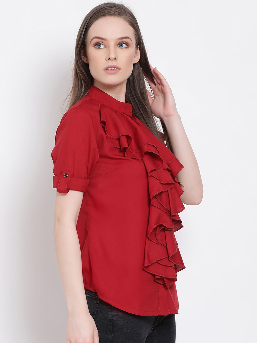 Regular,Red Top,Regular Top,Round Neck Top,Short Sleeves Top,Red Solid Top