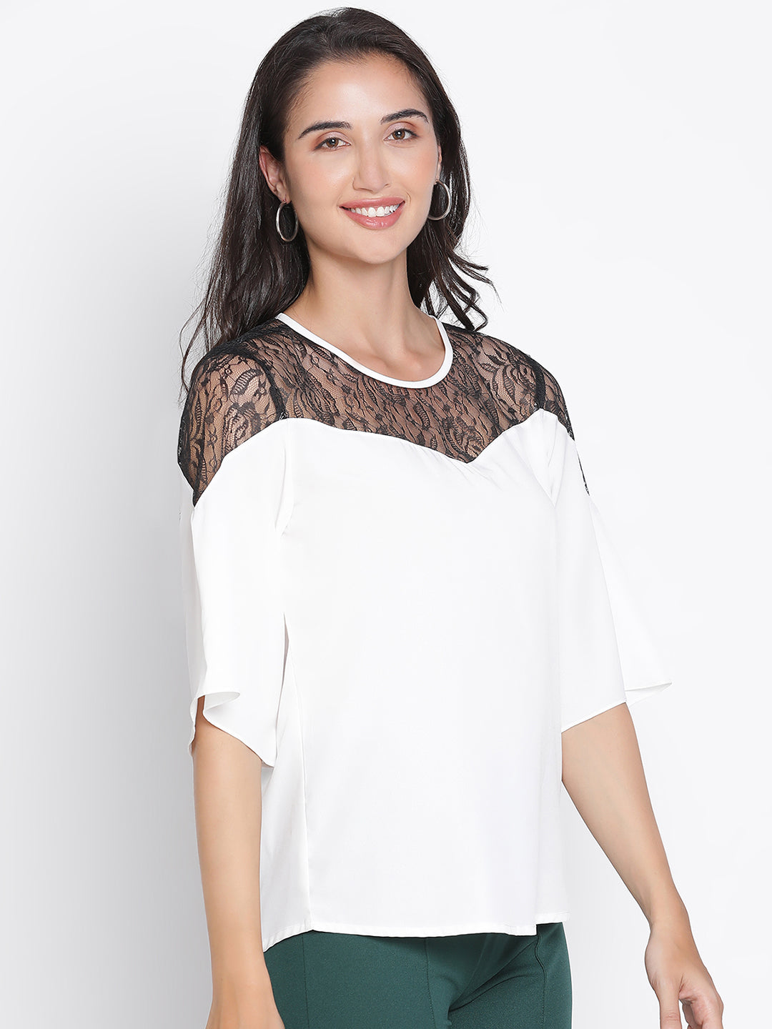 Regular,White Top,Regular Top,Round Neck Top,Quater Sleeves Top,White Solid Top