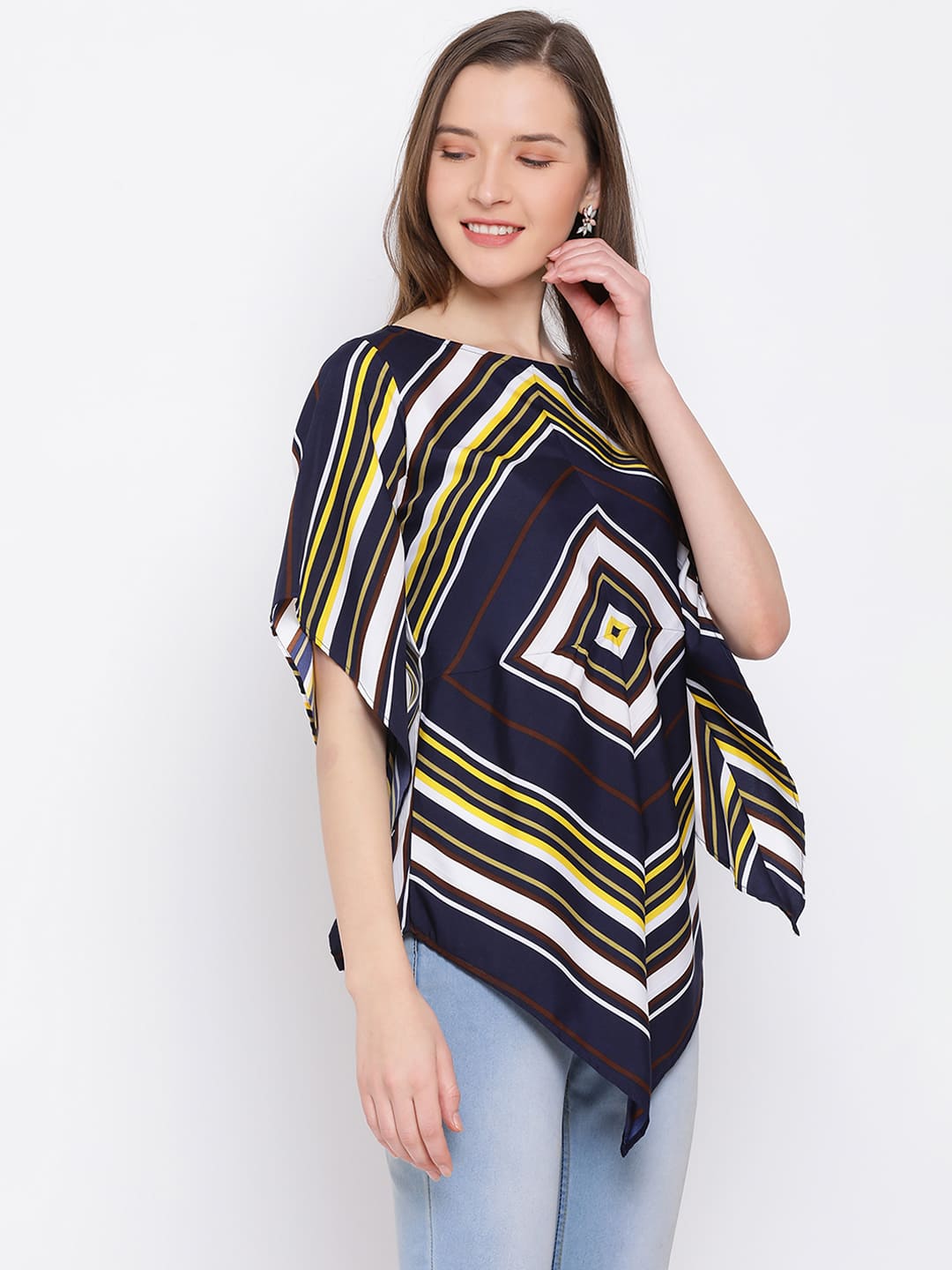 Longline,Blue Top,Longline Top,Round Neck Top,Short Sleeves Top,Blue Printed Top