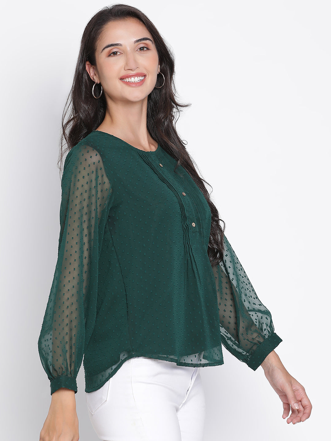 Regular,Green Top,Regular Top,Round Neck Top,Full Sleeves Top,Green Solid Top