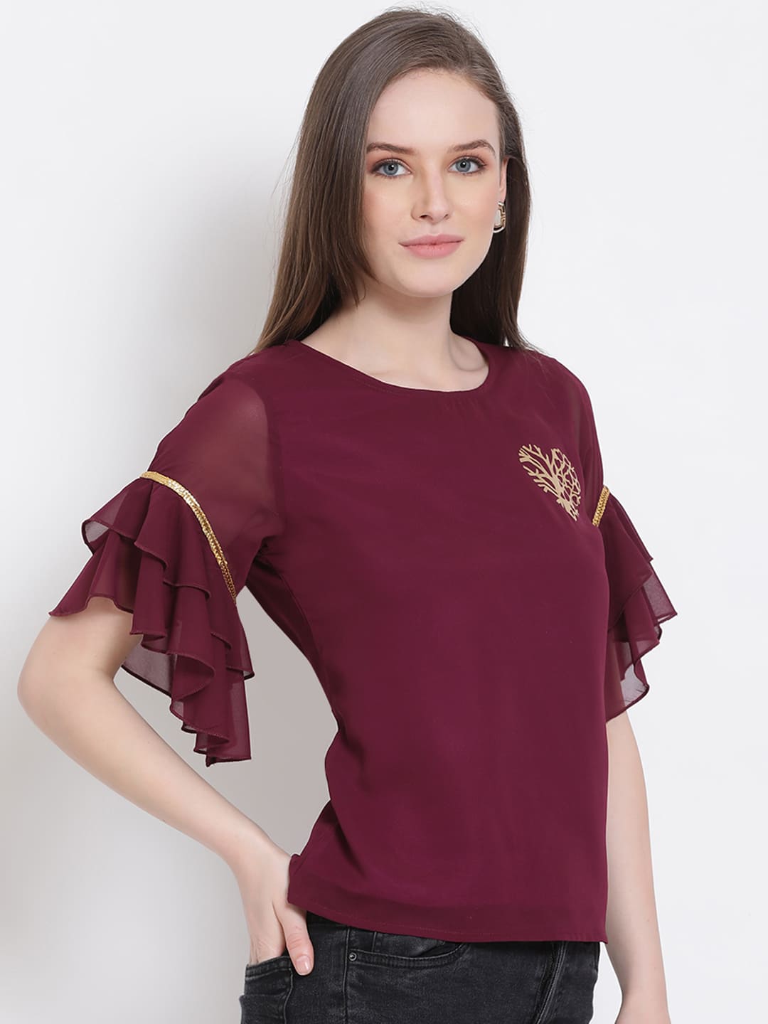 Regular,Maroon Top,Regular Top,Round Neck Top,Quater Sleeves Top,Maroon Embellished Top