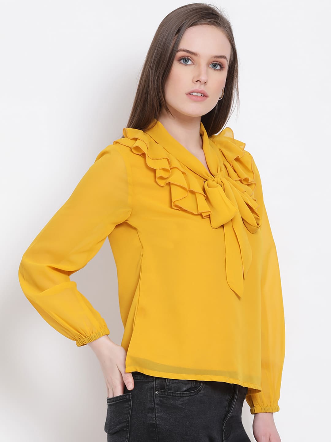 Regular,Yellow Top,Regular Top,V-Neck Top,Full Sleeves Top,Yellow Solid Top