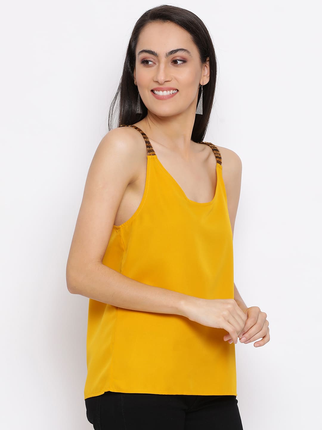 Spaghetti Top,Yellow Top,Spaghetti Top,V-Neck Top,Sleeveless Top,Yellow Solid Top