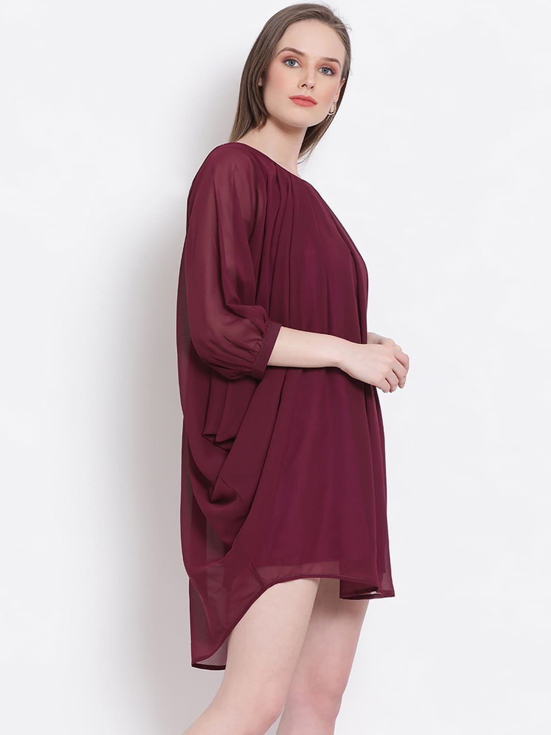 Above Knee,Maroon Dress,Above Knee Dress,Round Neck Dress,Quater Sleeves Dress,Maroon Solid Dress