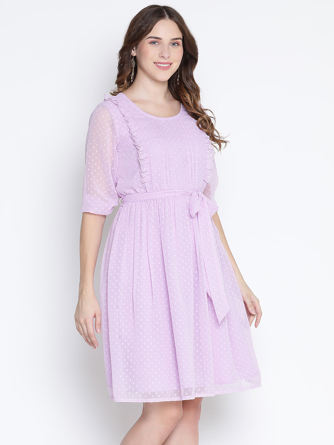 Knee Length,Purple Dress,Knee Length Dress,Round Neck Dress,Short Sleeves Dress,Purple Solid Dress