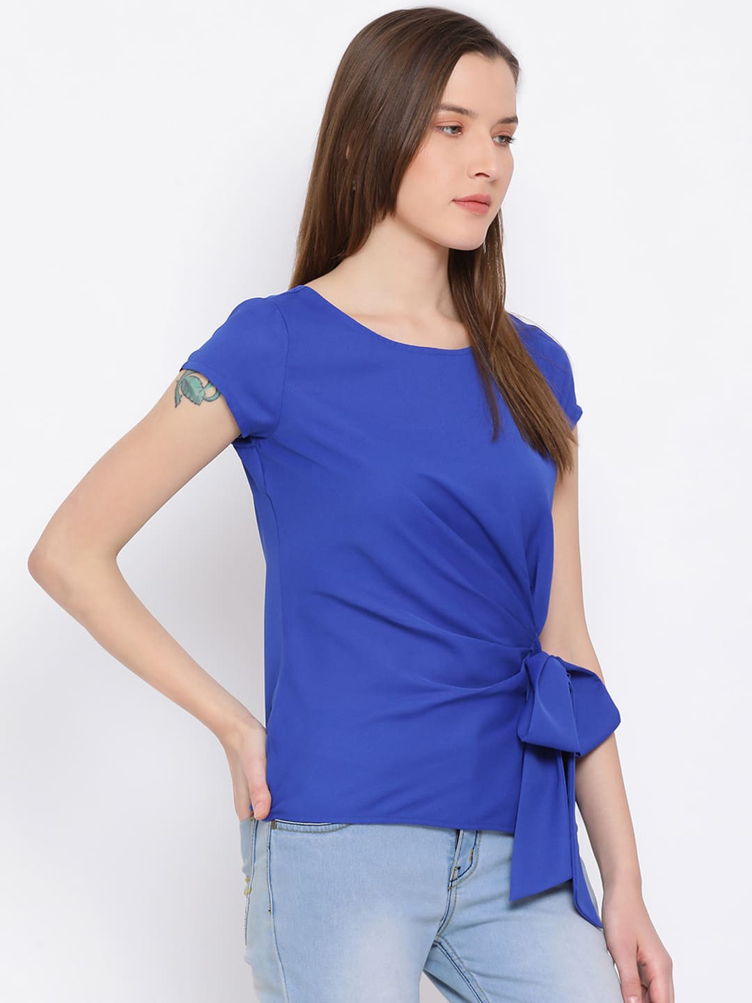 Regular,Blue Top,Regular Top,Round Neck Top,Short Sleeves Top,Blue Solid Top