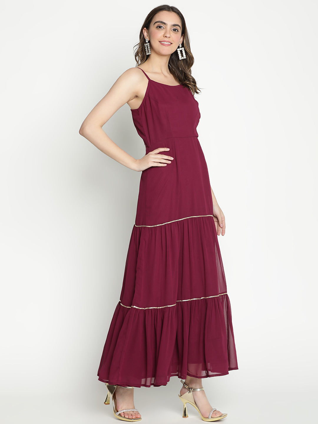 Maxi,Maroon Dress,Maxi Dress,Round Neck Dress,Sleeveless Dress,Maroon Solid Dress