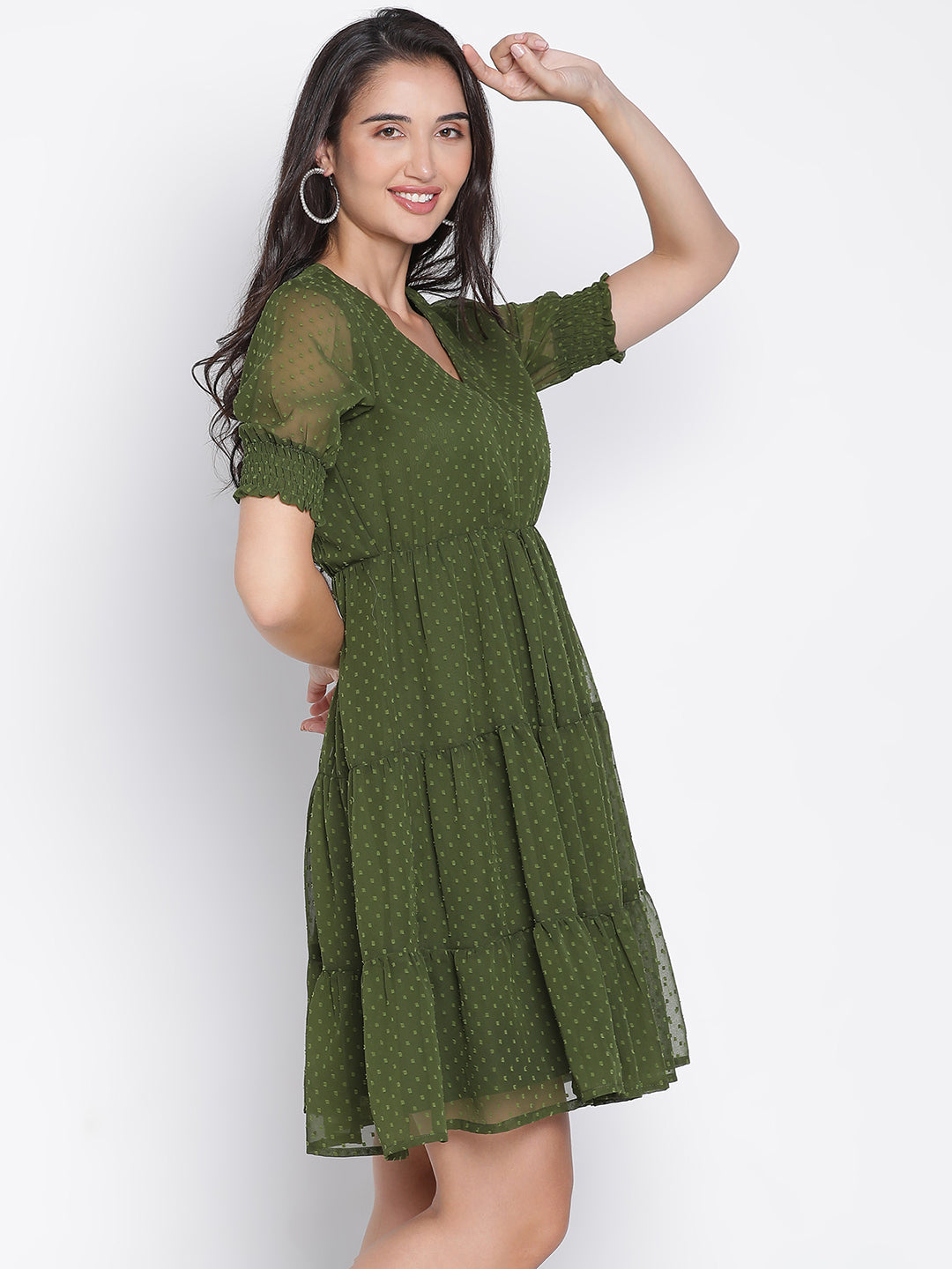 Knee Length,Green Dress,Knee Length Dress,V-Neck Dress,Short Sleeves Dress,Green Solid Dress