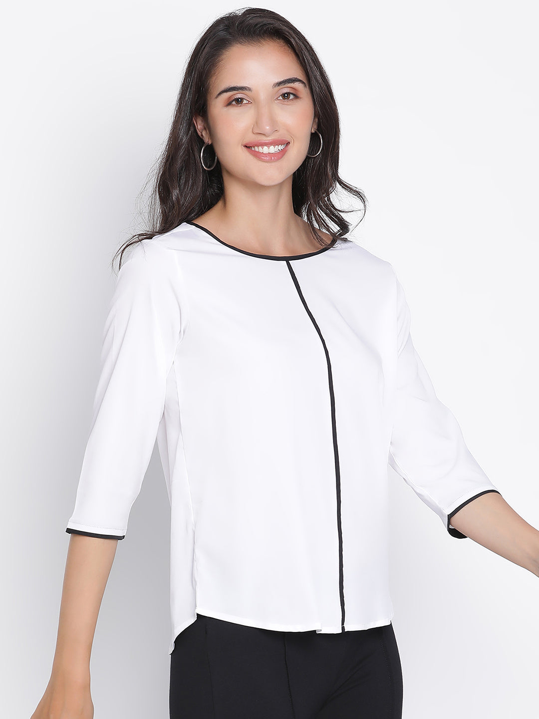 Regular,White Top,Regular Top,Round Neck Top,Quater Sleeves Top,White Solid Top