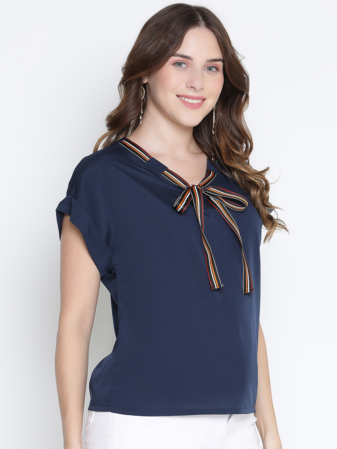 Regular,Blue Top,Regular Top,V-Neck Top,Short Sleeves Top,Blue Solid Top