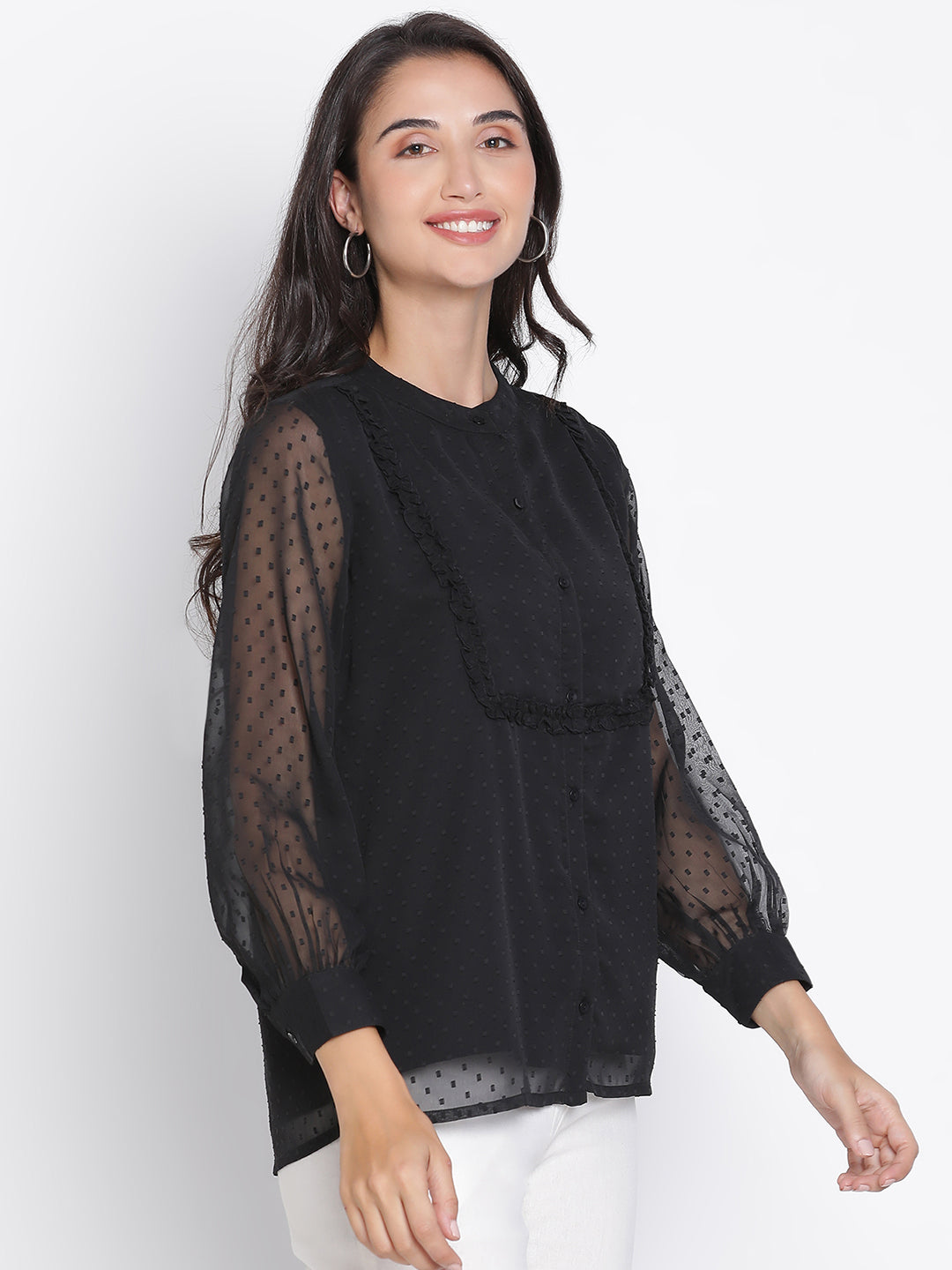 Regular,Black Top,Regular Top,Round Neck Top,Full Sleeves Top,Black Solid Top