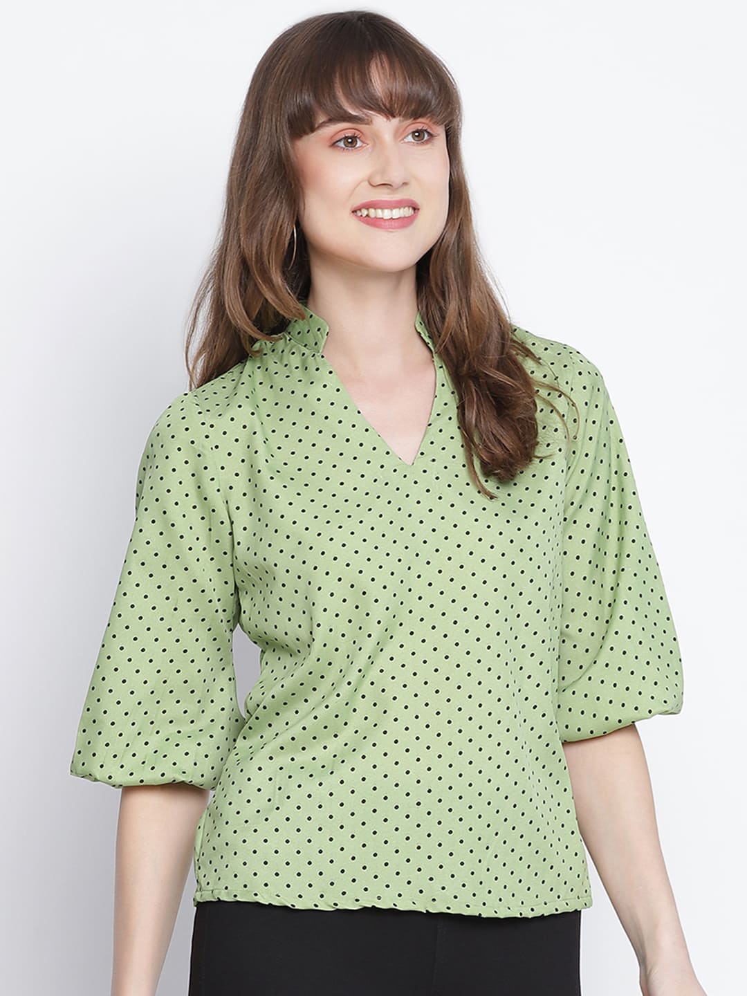 Regular,Green Top,Regular Top,V-Neck Top,Quater Sleeves Top,Green Polka Dots Top