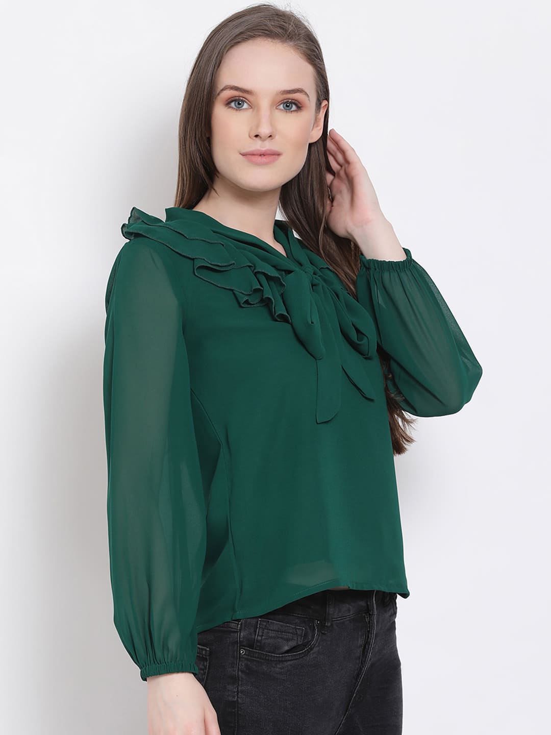 Regular,Green Top,Regular Top,V-Neck Top,Full Sleeves Top,Green Solid Top