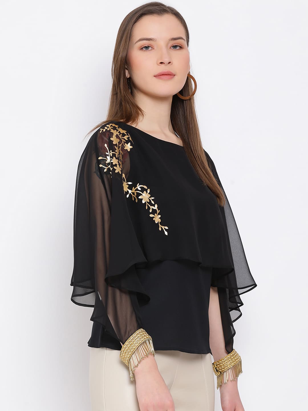 Regular,Black Top,Regular Top,Round Neck Top,Quater Sleeves Top,Black Embellished Top