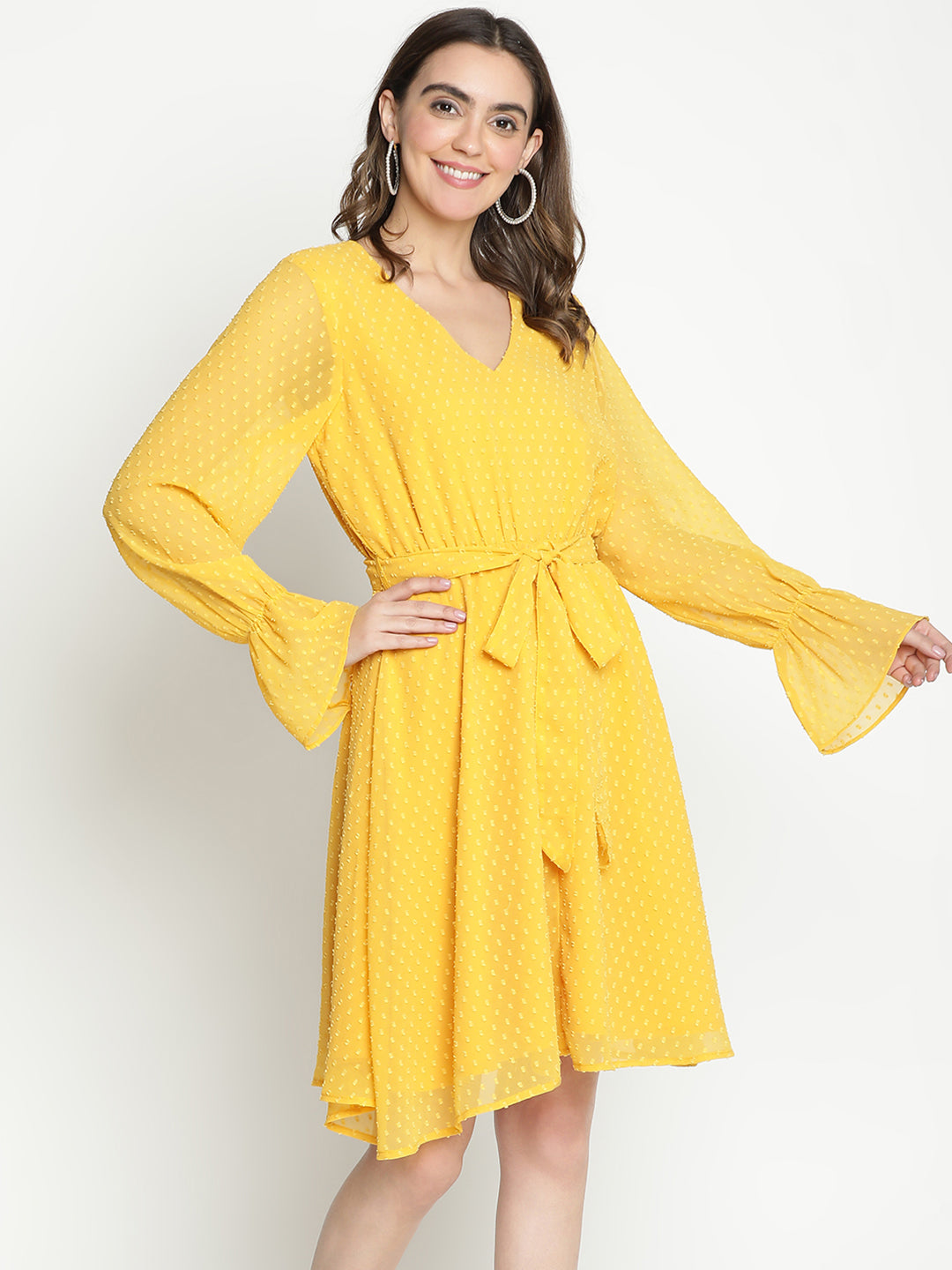 Knee Length,Yellow Dress,Knee Length Dress,V-Neck Dress,Full Sleeves Dress,Yellow Solid Dress