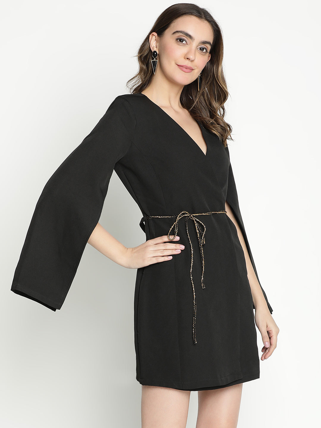 Above Knee,Black Dress,Above Knee Dress,V-Neck Dress,Full Sleeves Dress,Black Solid Dress