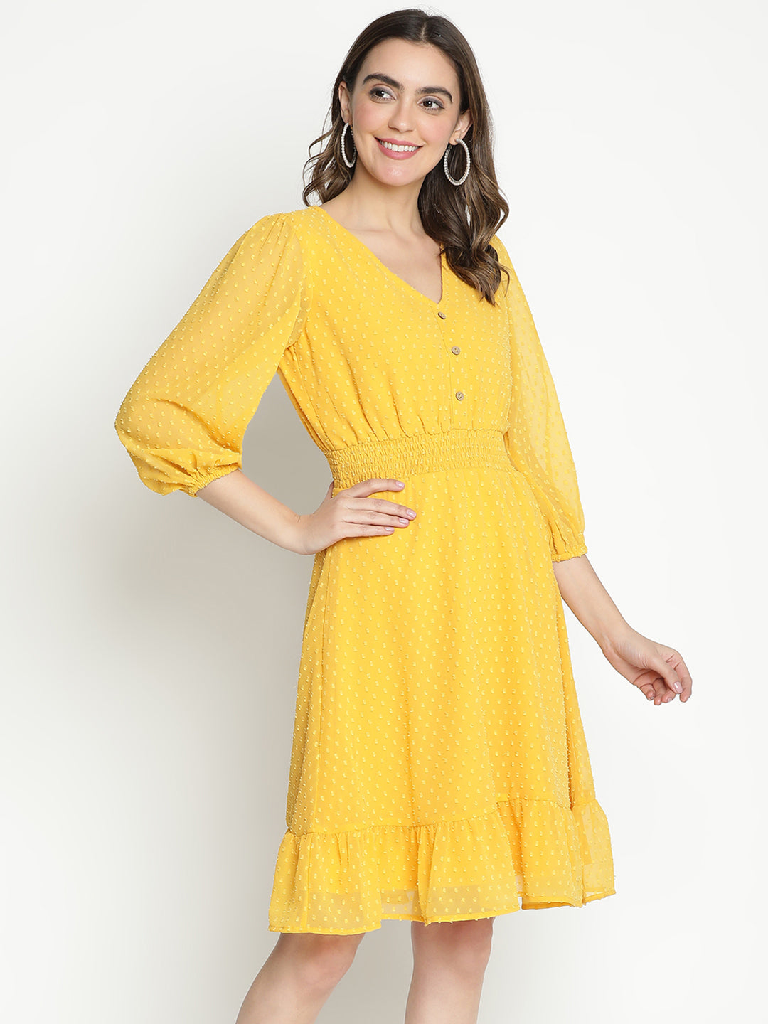 Knee Length,Yellow Dress,Knee Length Dress,V-Neck Dress,Quater Sleeves Dress,Yellow Solid Dress