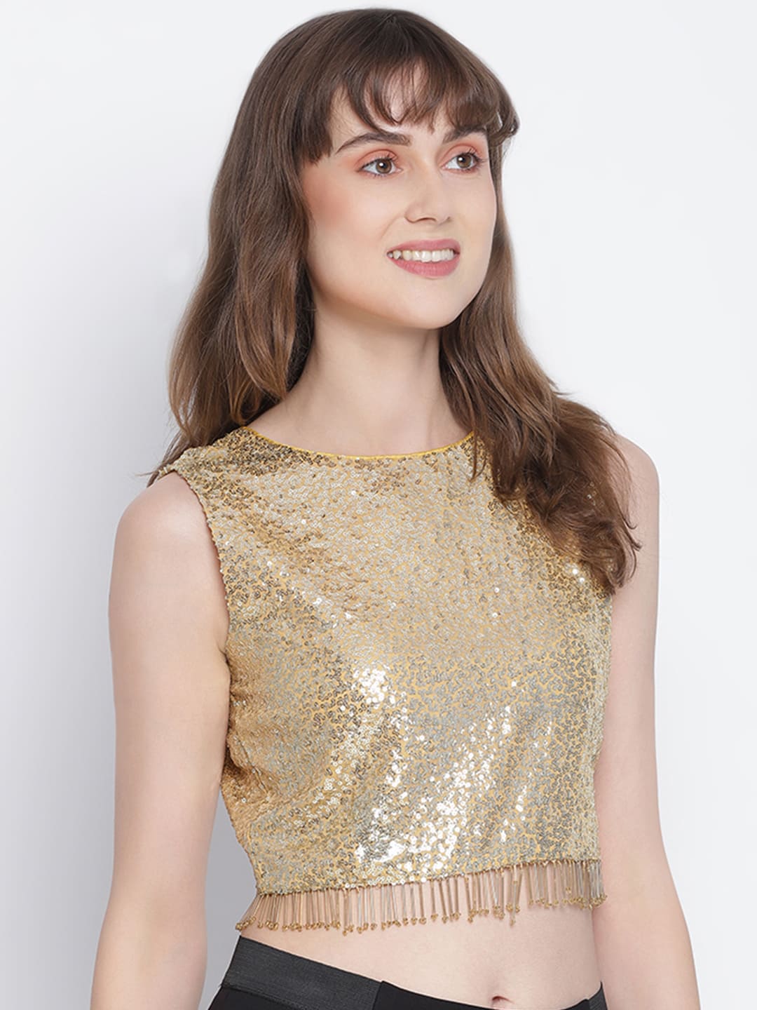 Crop Top,Gold Top,Crop Top,Round Neck Top,Sleeveless Top,Gold Sequined Top