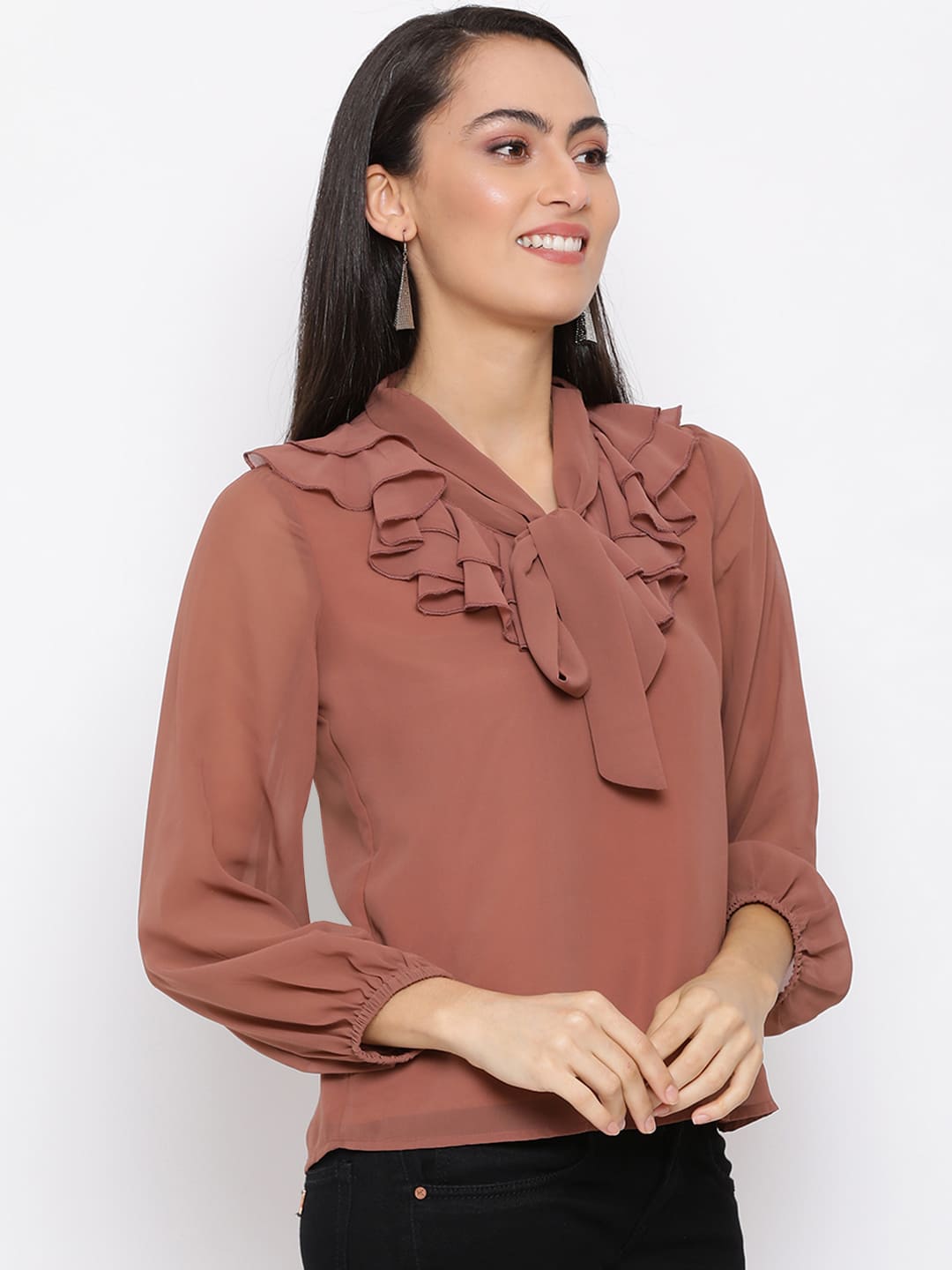 Regular,Brown Top,Regular Top,V-Neck Top,Full Sleeves Top,Brown Solid Top