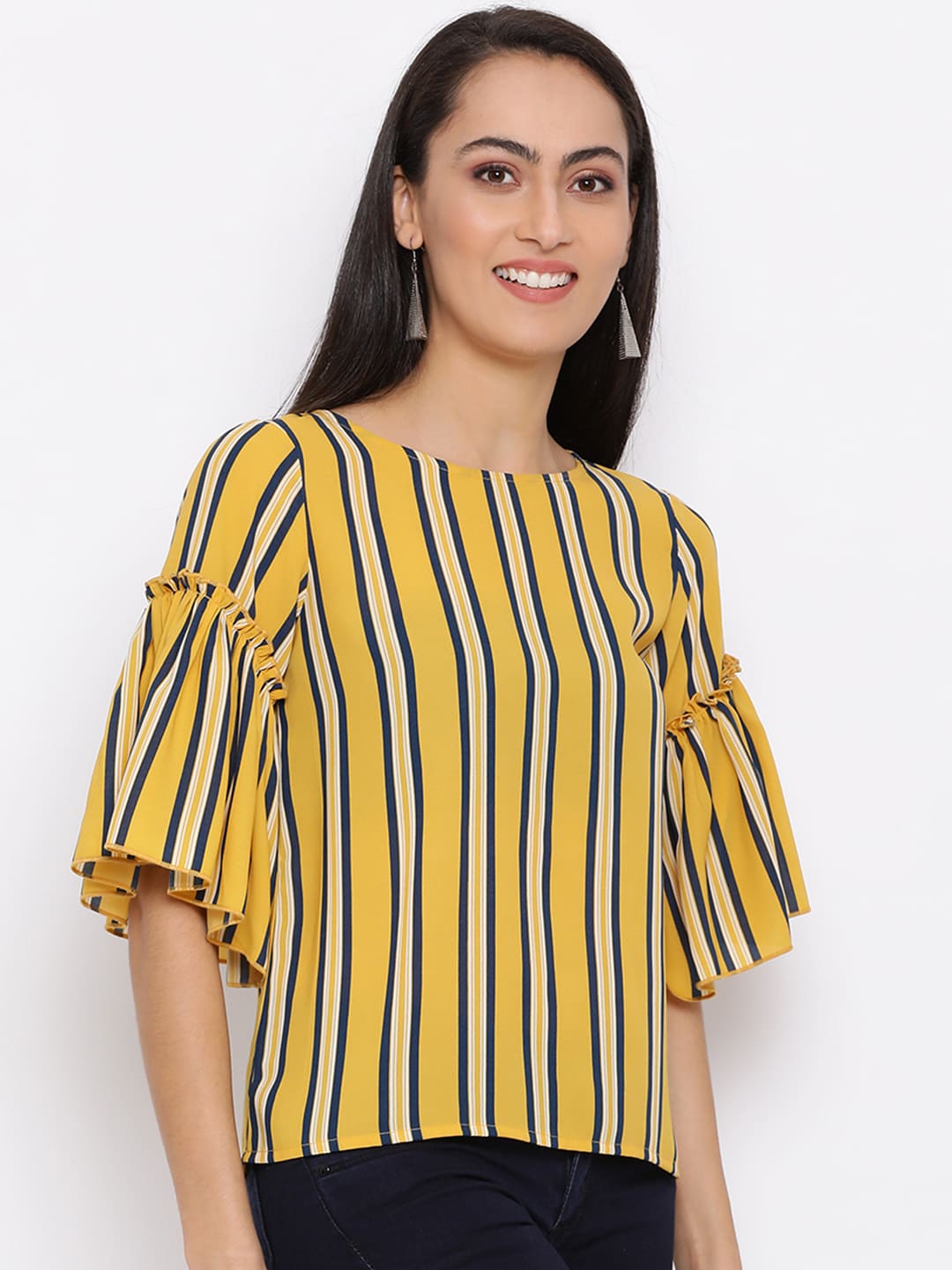 Regular,Yellow Top,Regular Top,Round Neck Top,Quater Sleeves Top,Yellow Stripes Top