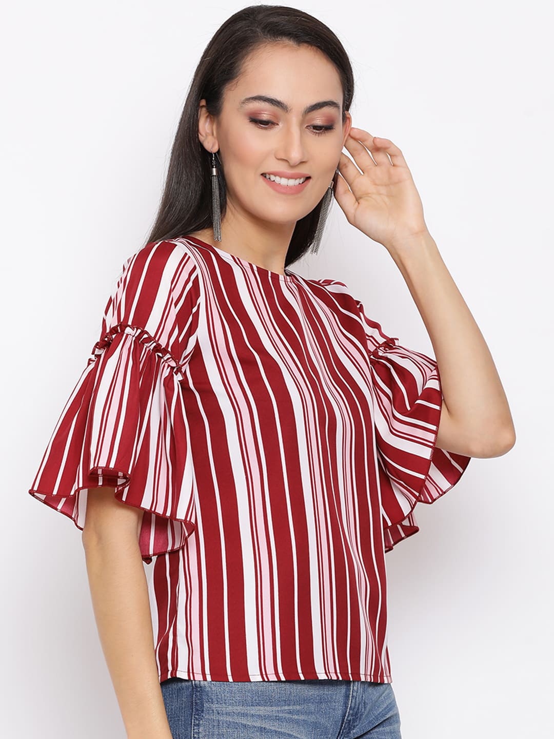 Regular,Red Top,Regular Top,Round Neck Top,Quater Sleeves Top,Red Stripes Top