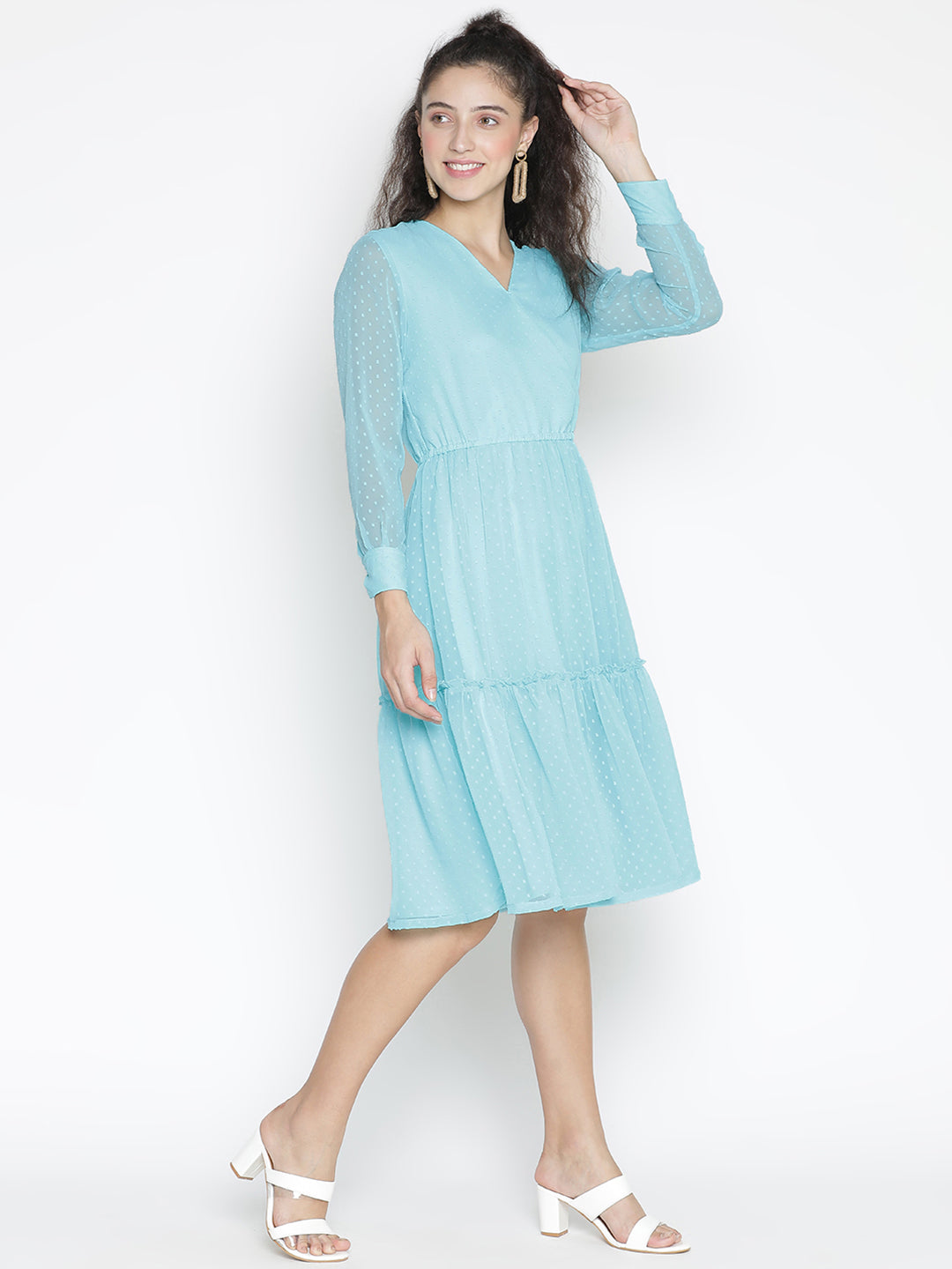 Knee Length,Blue Dress,Knee Length Dress,V-Neck Dress,Full Sleeves Dress,Blue Solid Dress