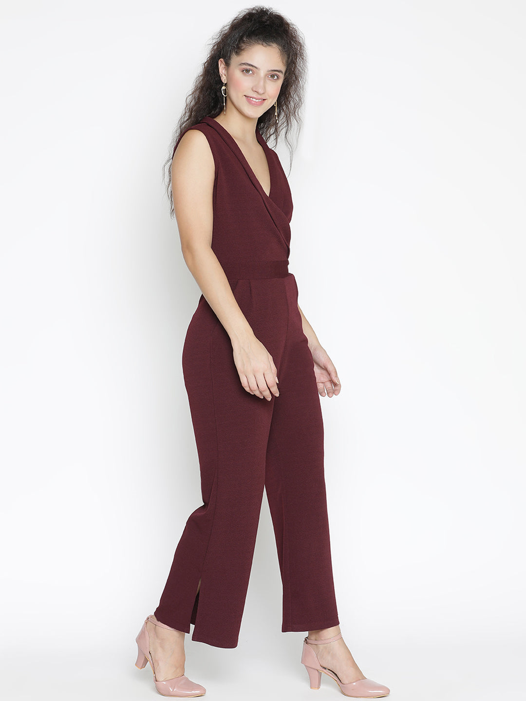 Ankle Length,Brown Jumpsuit,Ankle Length Jumpsuit,V-Neck Jumpsuit,Sleeveless Jumpsuit,Brown Solid Jumpsuit