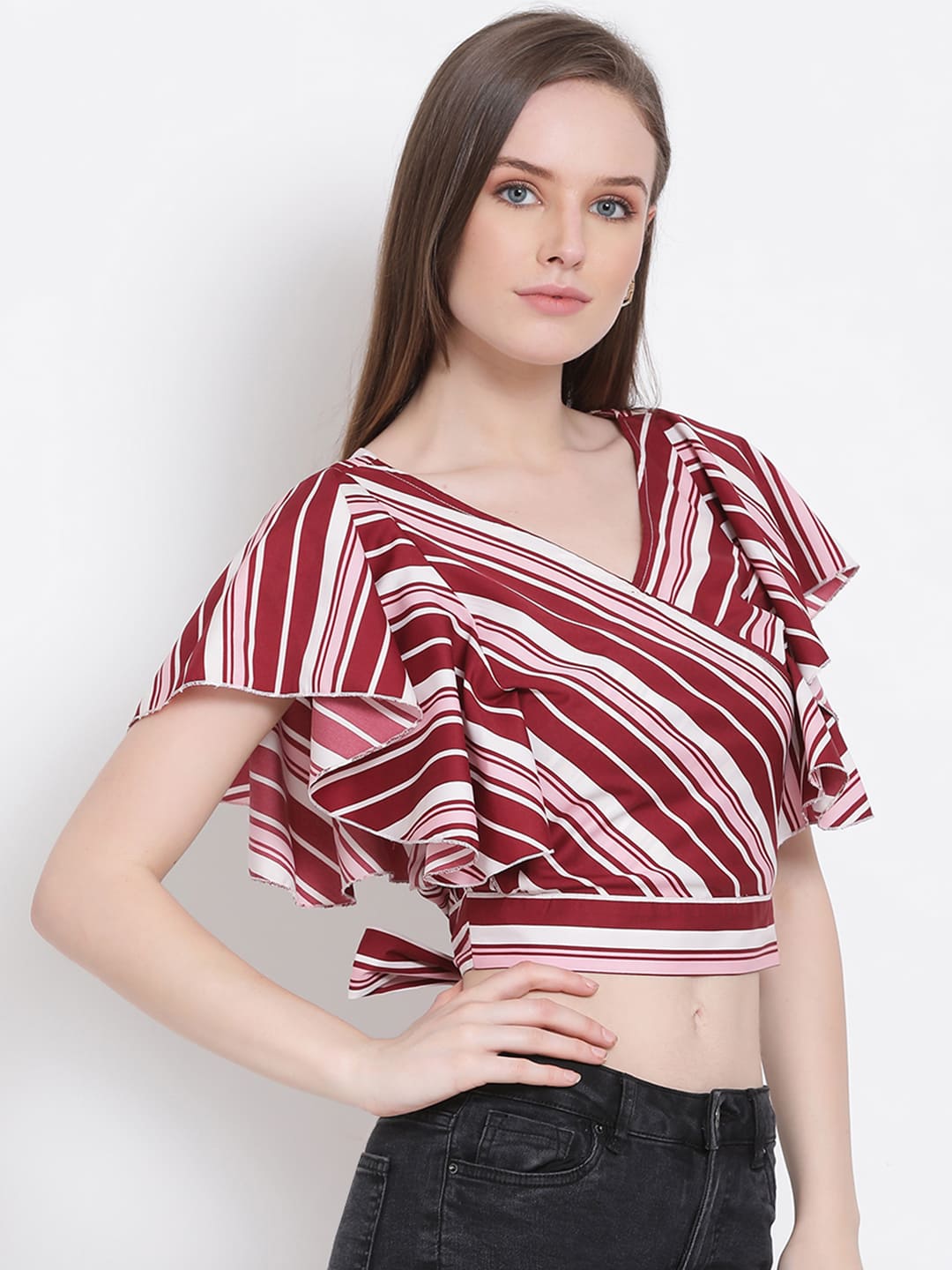 Crop Top,Red Top,Crop Top,V-Neck Top,Short Sleeves Top,Red Striped Top