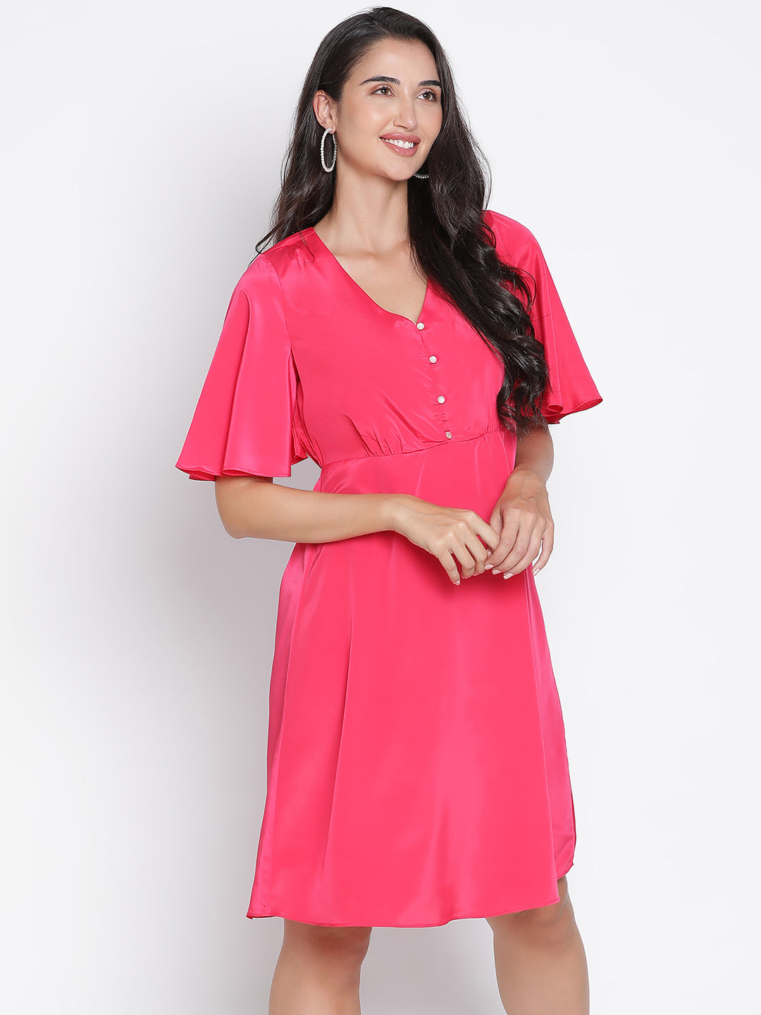 Knee Length,Pink Dress,Knee Length Dress,V-Neck Dress,Short Sleeves Dress,Pink Solid Dress