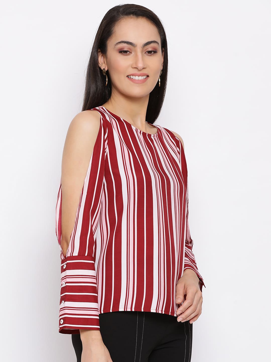 Regular,Red Top,Regular Top,Round Neck Top,Full Sleeves Top,Red Stripes Top