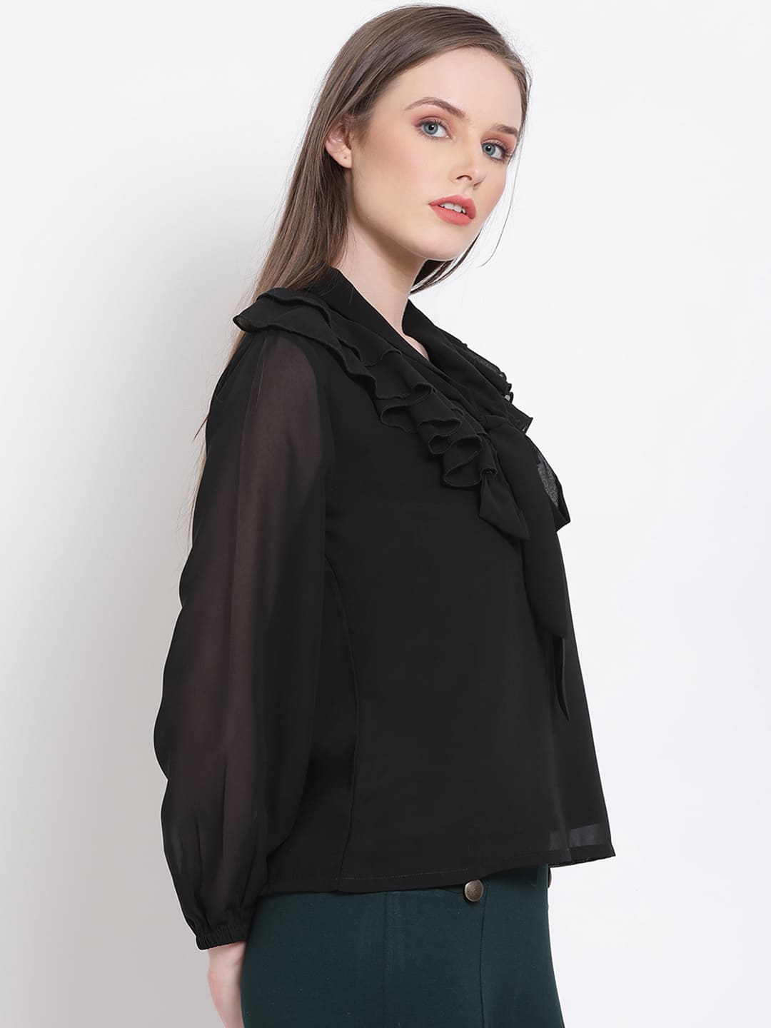 Regular,Black Top,Regular Top,V-Neck Top,Full Sleeves Top,Black Solid Top