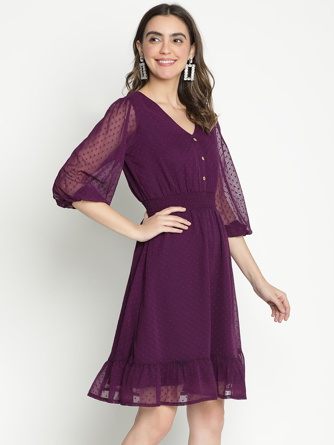 Knee Length,Purple Dress,Knee Length Dress,V-Neck Dress,Quater Sleeves Dress,Purple Solid Dress