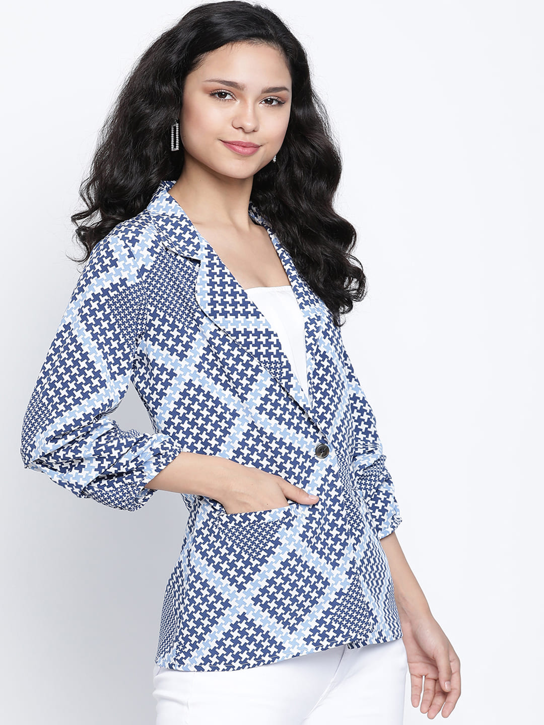 Regular,Blue Top,Regular Top,Lapel Neck Top,Quater Sleeves Top,Blue Printed Top