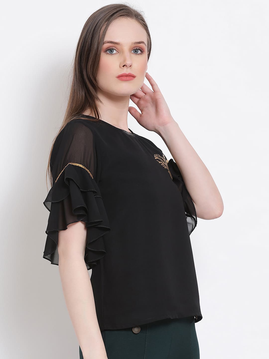 Regular,Black Top,Regular Top,Round Neck Top,Short Sleeves Top,Black Embellished Top