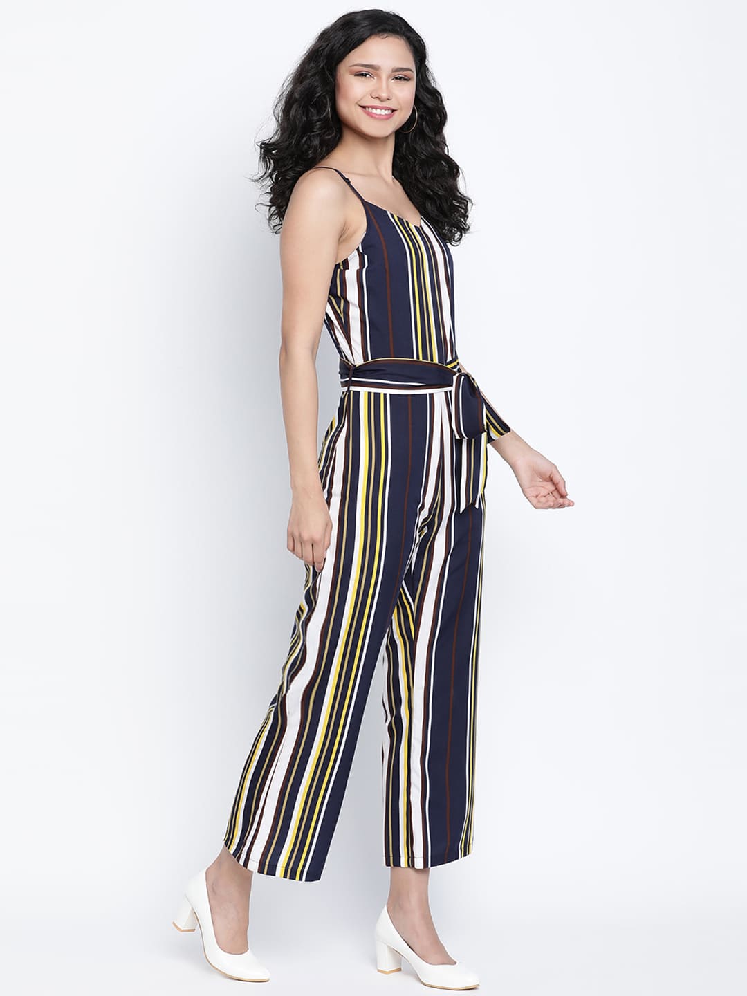 Ankle Length,Blue Jumpsuit,Ankle Length Jumpsuit,V-Neck Jumpsuit,Sleeveless Jumpsuit,Blue Stripes Jumpsuit