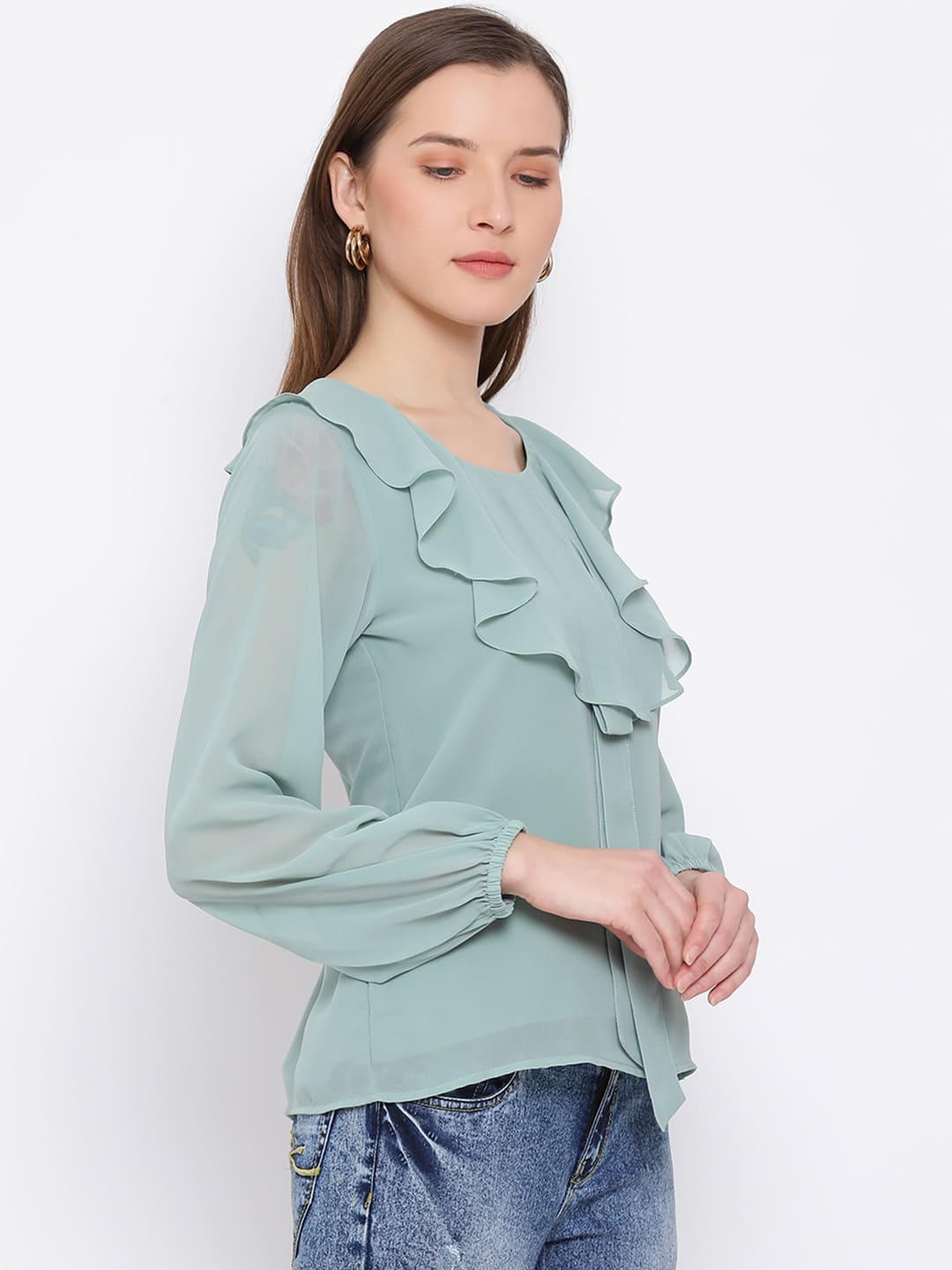 Regular,Green Top,Regular Top,V-Neck Top,Full Sleeves Top,Green Solid Top