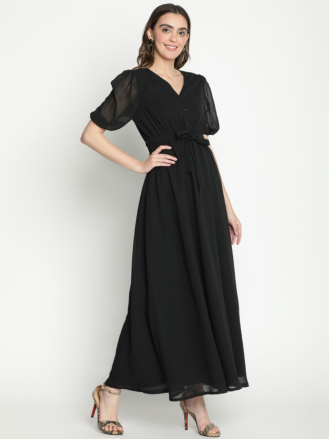 Maxi,Black Dress,Maxi Dress,V-Neck Dress,Short Sleeves Dress,Black Solid Dress