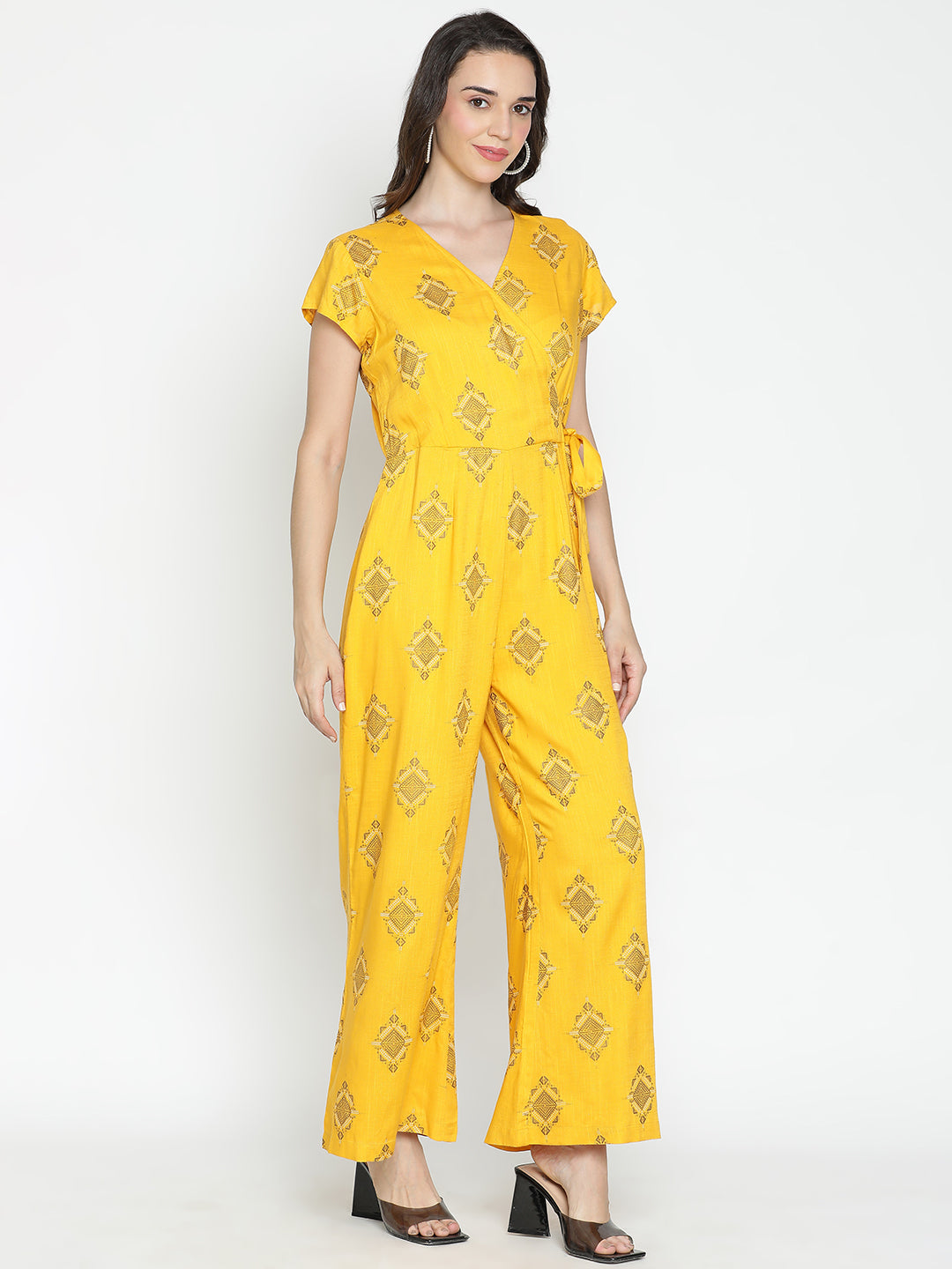 DRAAX FASHIONS Womens Yellow Printed Short Sleeves Jumpsuit